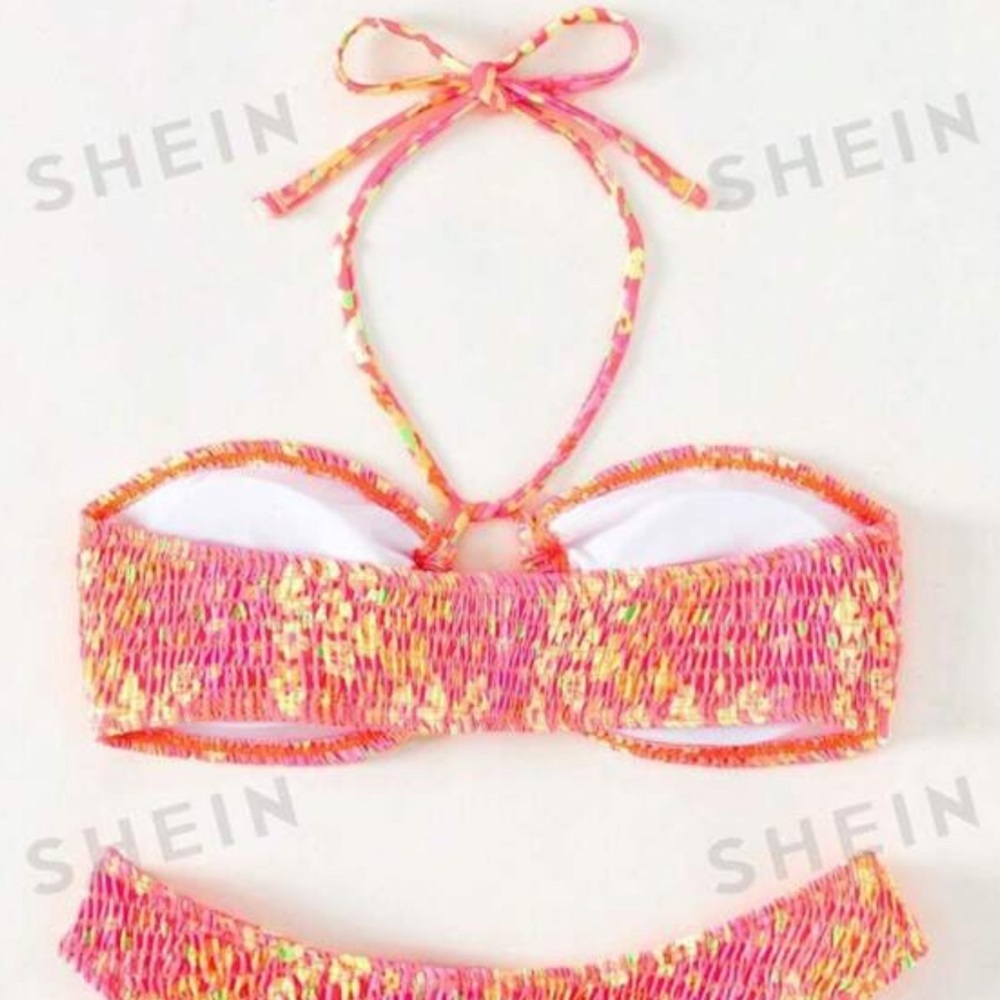 SHEIN floral swimsuit bikini 2-piece orange yellow neon swimwear bandeau top XS - Picture 9 of 10